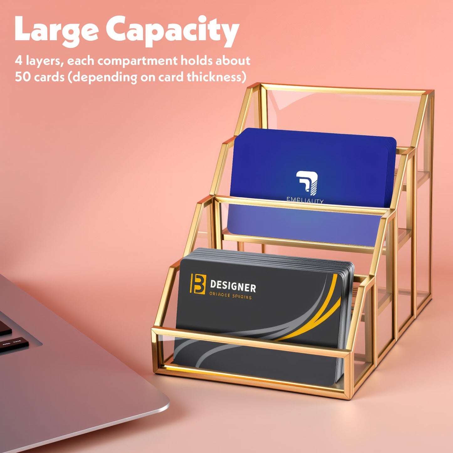 AojSup 4 Slots Glass Business Card Stands for Display, Desktop Business Card Holder with Gold Metal Frame, Clear Name Cards Organizer for Office, Exhibition, and Meetings (4.13" L x 5.9" W x 4.72" H)