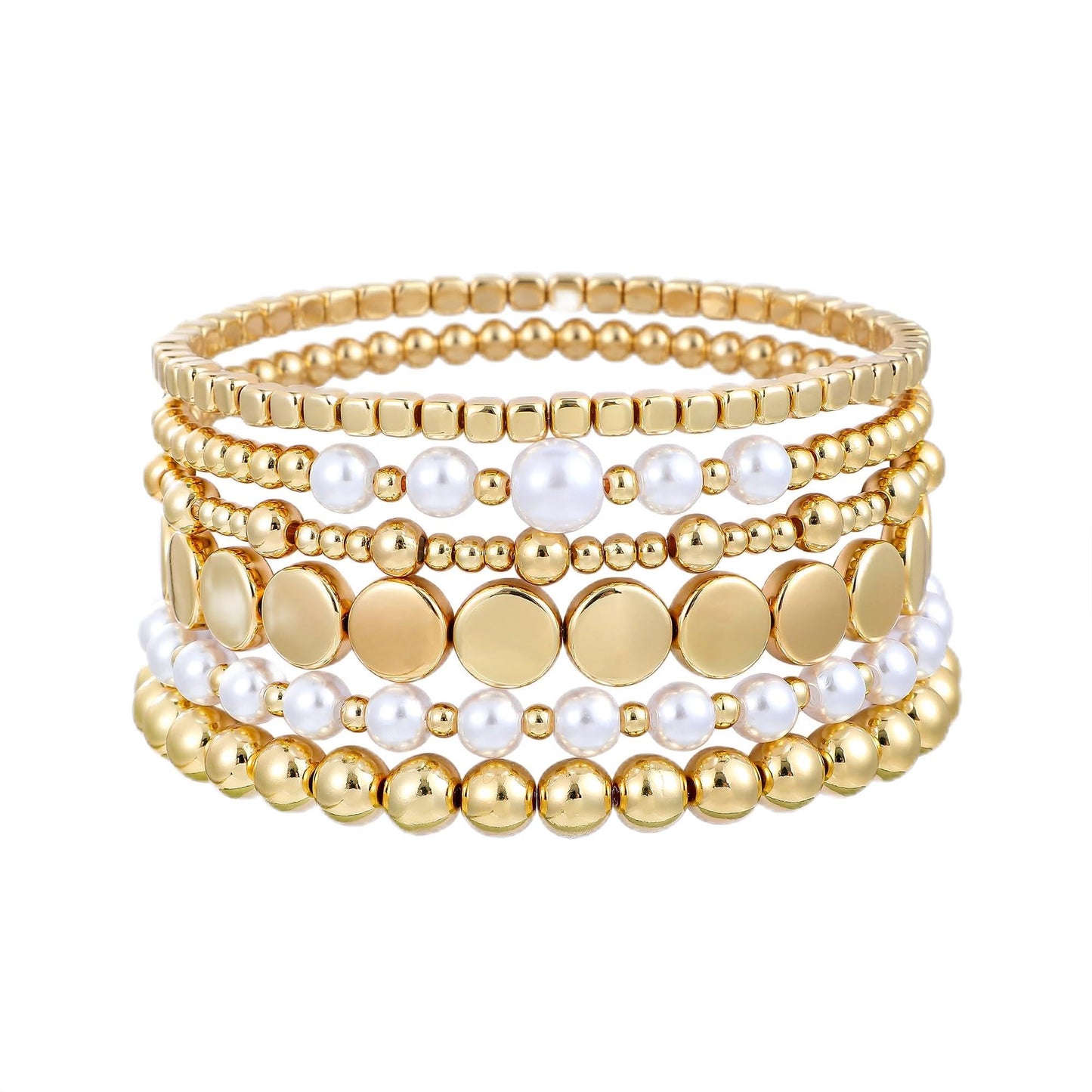 Sajidos Gold Plated Beaded Bracelets for Women Trendy, 14K Gold Plated Stack Cross Pearl Gold Plated Bead Stretch Bracelets Set Elastic Hypoallergenic Bracelets Jewelry Gifts (style12-2)