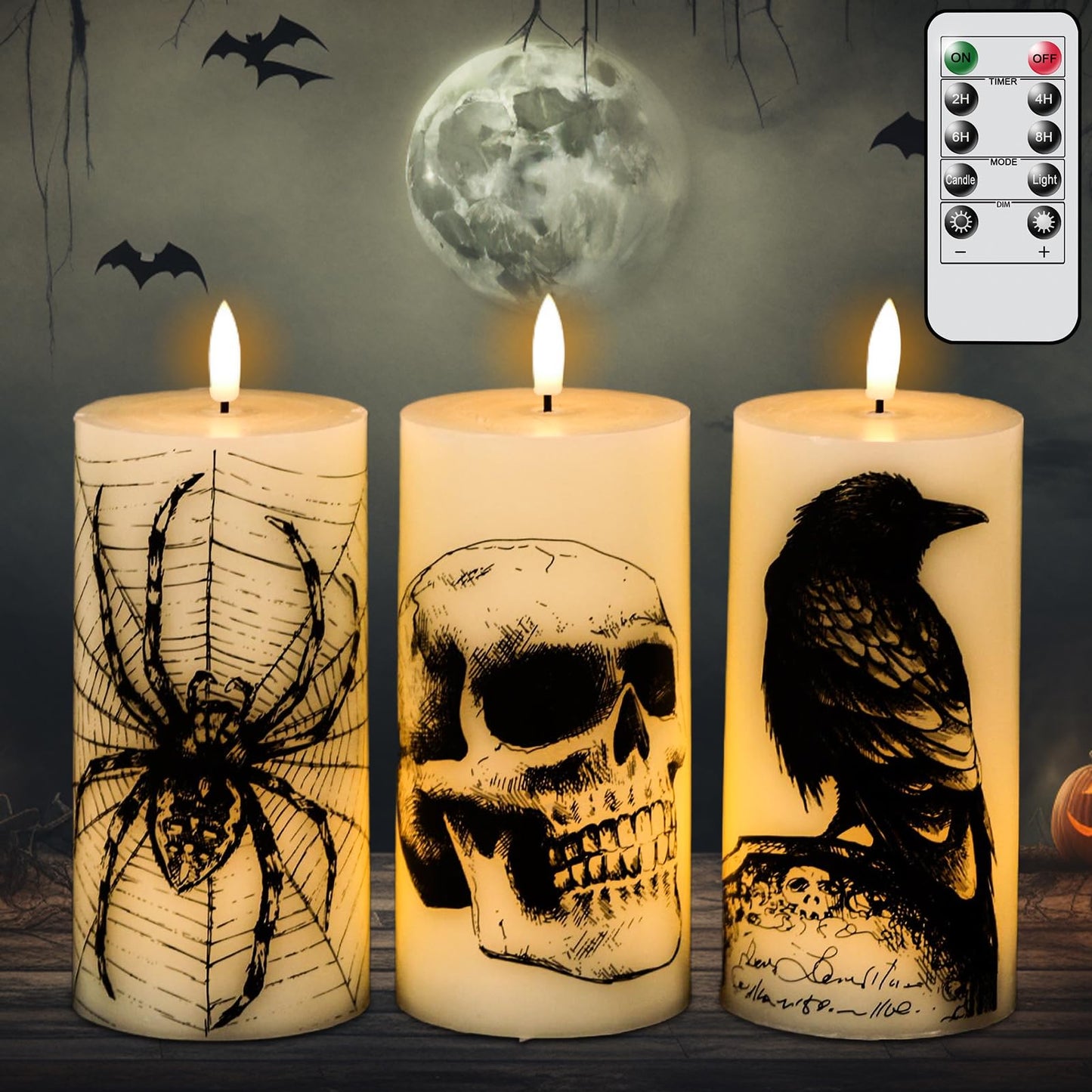 DRomance Halloween Flameless Candles Battery Operated with Remote and Timer, Real Wax 3D Wick LED Flickering Pillar Candles Skull Crow Spider Web Decals Dinner Halloween Decor(3 Pack, 3" D x 6"" H)"