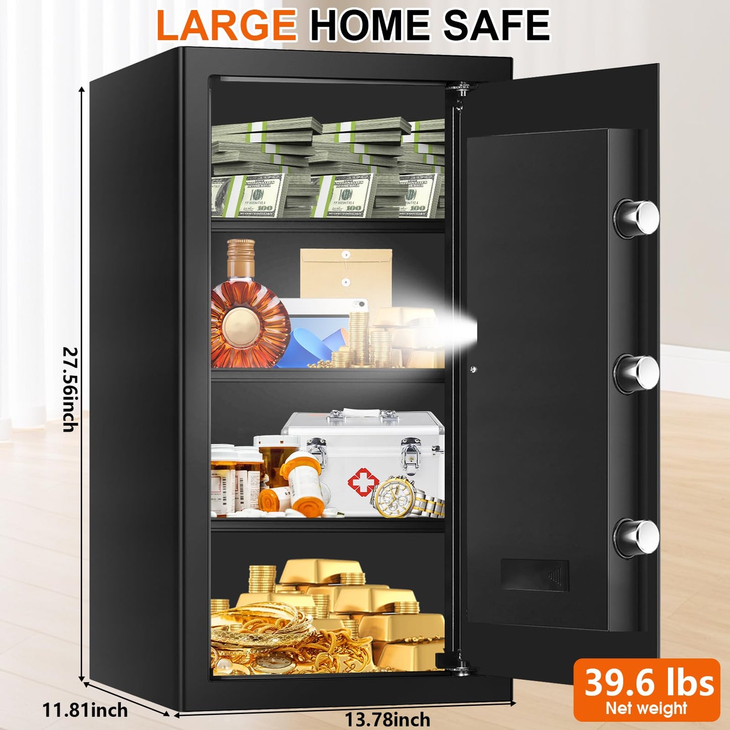 6.0 Cuft Large Fire and Waterproof Safes for Home, Anti-theft Fireproof Lock Box with Digital Keypad, Removable Shelves and Alert System, Personal Fire Proof Safe for Home Documents Valuables