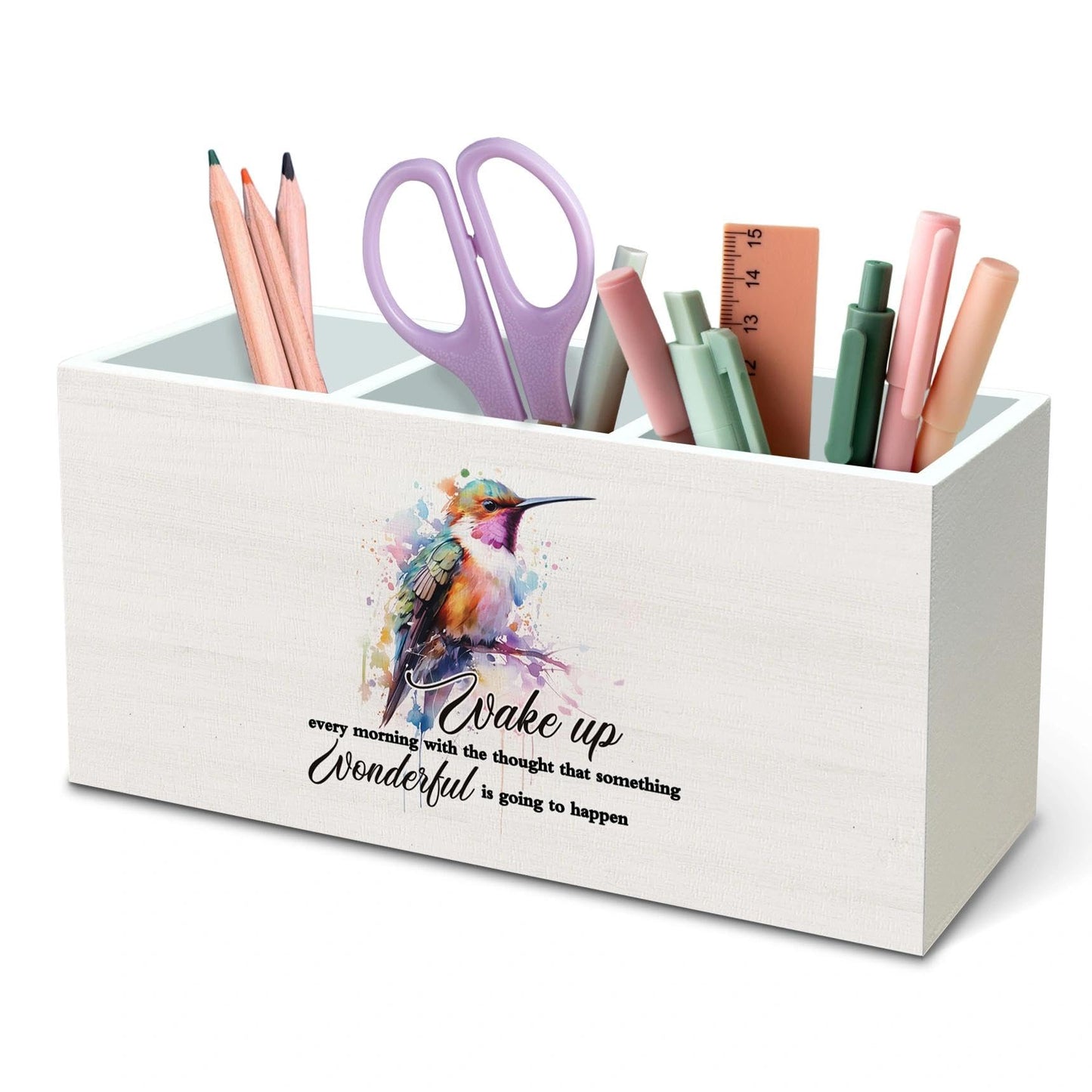 DILSJ Hummingbird Inspirational Pen Pencil Holder Organizer for Desk, Inspirational Gifts for Women, Motivational Quotes Wooden Box Signs for Home Office Desk Tabletop Decoration， Supplies