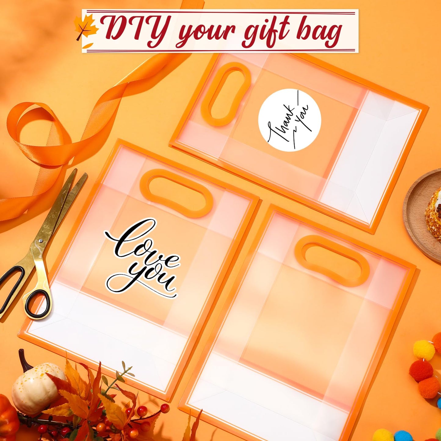 Aliceset 12 Pcs Clear Plastic Gift Bag with Die Cut Handles Reusable PP Favor Bag with Ribbon for Wedding Bridal Birthday Baby Shower Party Small Business, 7x10x3.15 Inch(Orange)