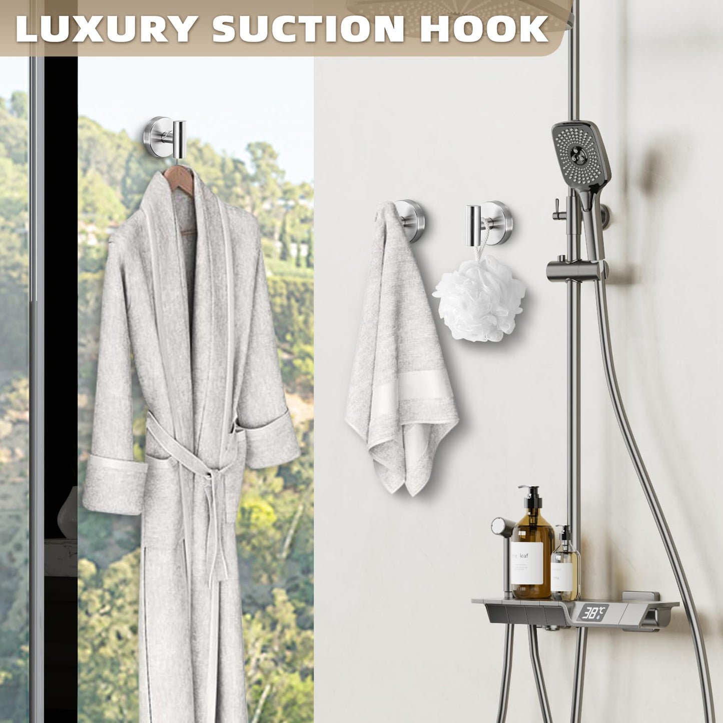 Fenas Suction Cup Hooks for Shower - Bathroom Reusable Hooks for Towels, Robes & Loofah - No-Drill Mounting on Kitchen,Walls,Metal,Glass,Mirrors,Tile & Smooth Non-Porous Surfaces (2, Brushed Nickel)