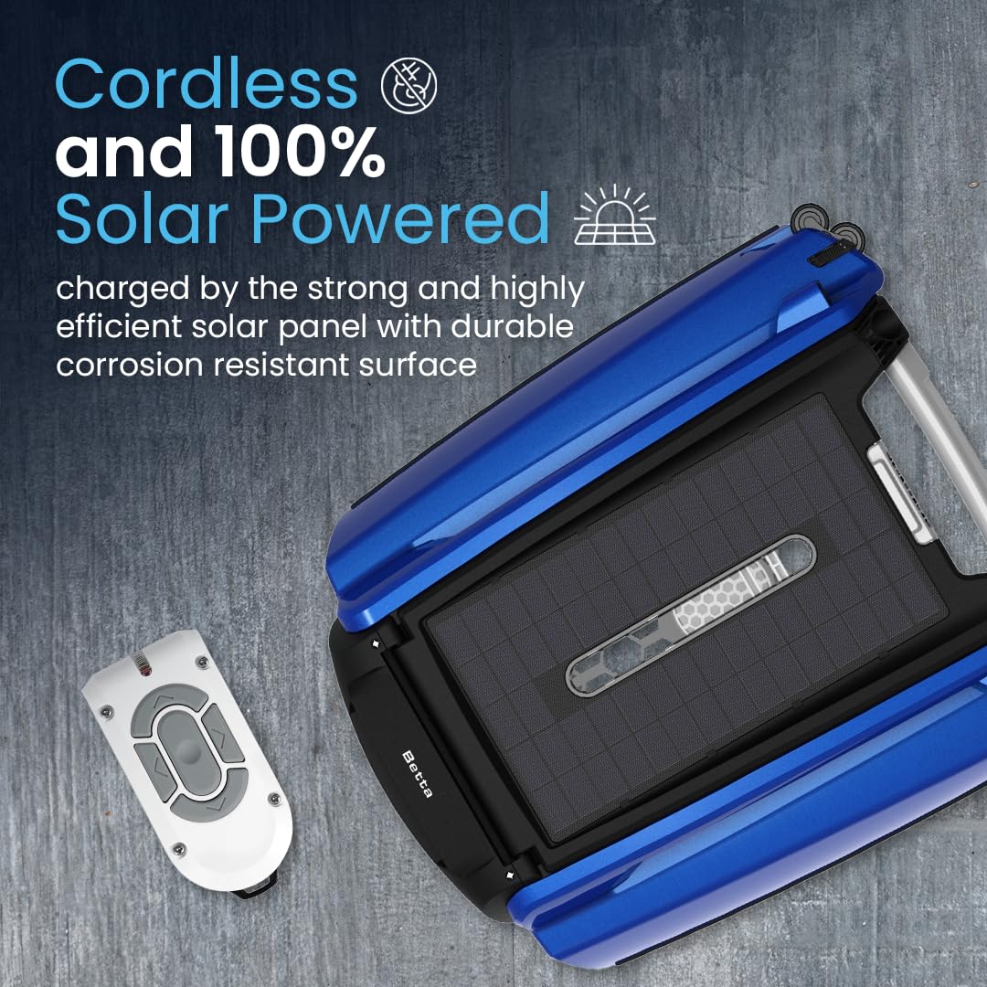 Betta SE Solar Powered Automatic Robotic Pool Surface Skimmer Cleaner with 24/7 Continuous Cleaning Battery Power and Re-Engineered Twin Salt Chlorine Tolerant Motors (Blue)