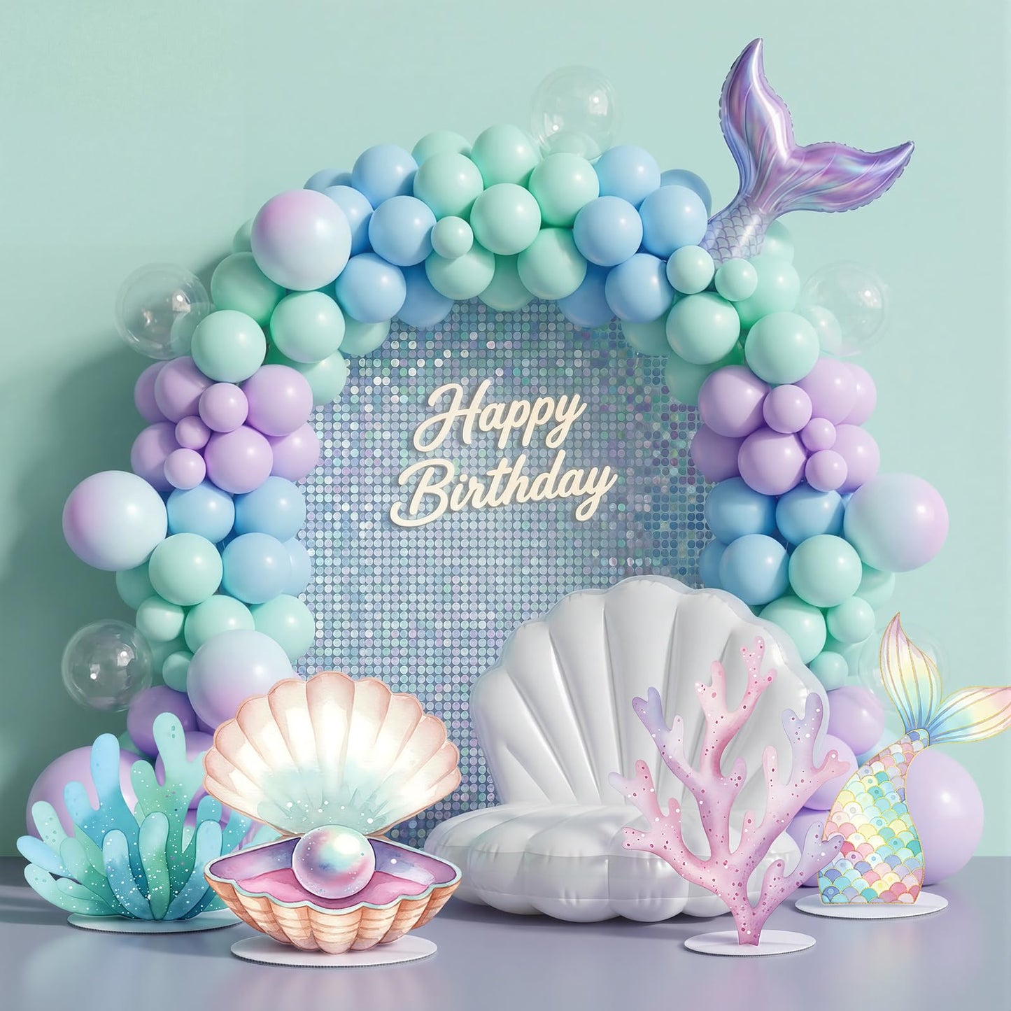 Novabright 4 Pcs Large Mermaid Birthday Decorations Mermaids Photo Booths Props Under The Sea Baby Shower Party Decoration Plastic Clam Shell, Coral, Stand Mermaid Tail Ocean Cutouts Party Decor