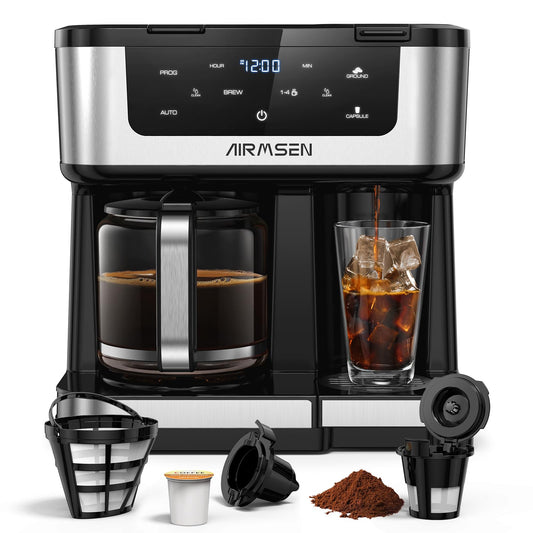AIRMSEN 12-Cup Programmable Dual Coffee Maker – Single Serve Machine for K-Cup Pods & Ground, 1000W Fast Brew, Delay Start, 2H Keep Warm, Touchscreen, 60oz Tank, Glass Carafe – Home & Office