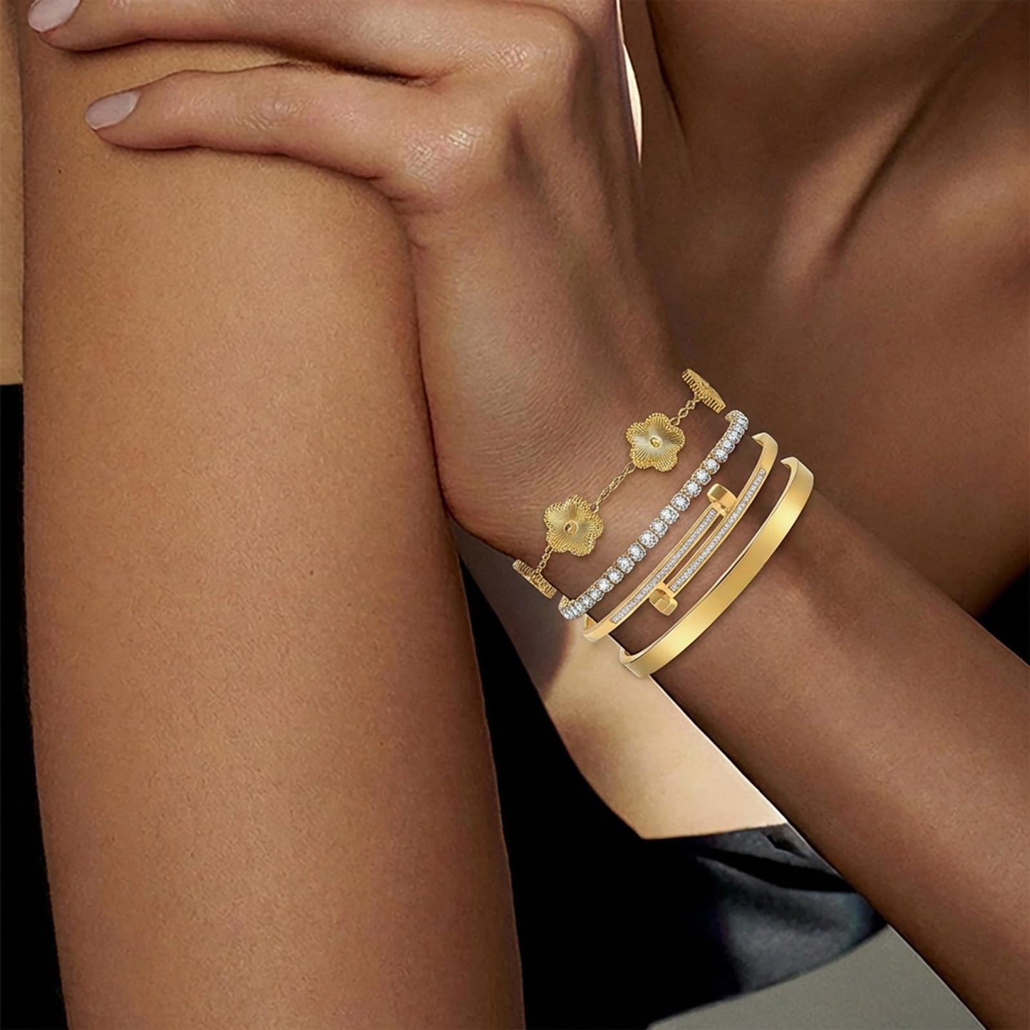 Camhanno Gold Bracelets for Women-4Pcs 18K Gold Plated Love Bangle Tennis Clover Nail Bracelets Stack Set for Women Trendy Non Tarnish Stainless Steel Gold Bangles Accessories Designer Jewelry (Gold Stack Bracelet -2)