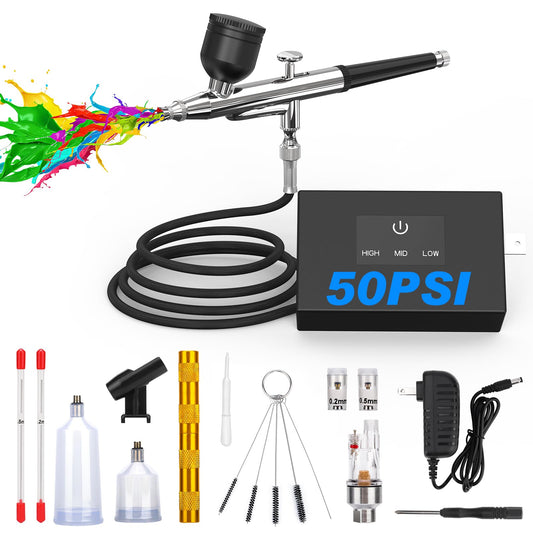 Airbrush Kit with Air Compressor, 50 PSI Clog-Resistant Air Brush Set, Dual Action Airbrush Gun with 3 Nozzles, Cleaning Kit for Painting, Models, Nails, Makeup, Cake Decorating