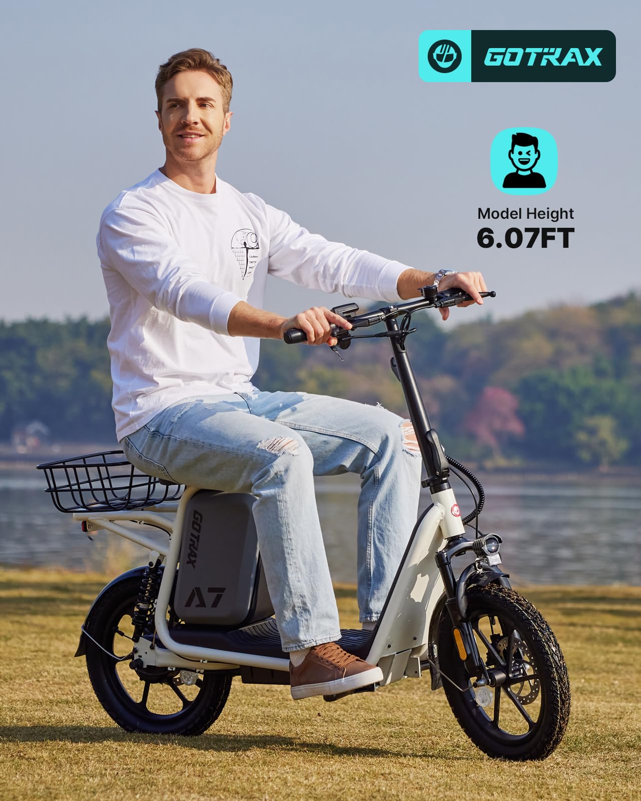 Gotrax A7 Electric Scooter for Adults-16 Pneumatic Tires, 500W Motor Hits 20 Mph, 28 Miles Range & 2 Gears, Comfortable Seat & Big Seat Bag, Wider Deck & Carry Basket for Daily Commuting White