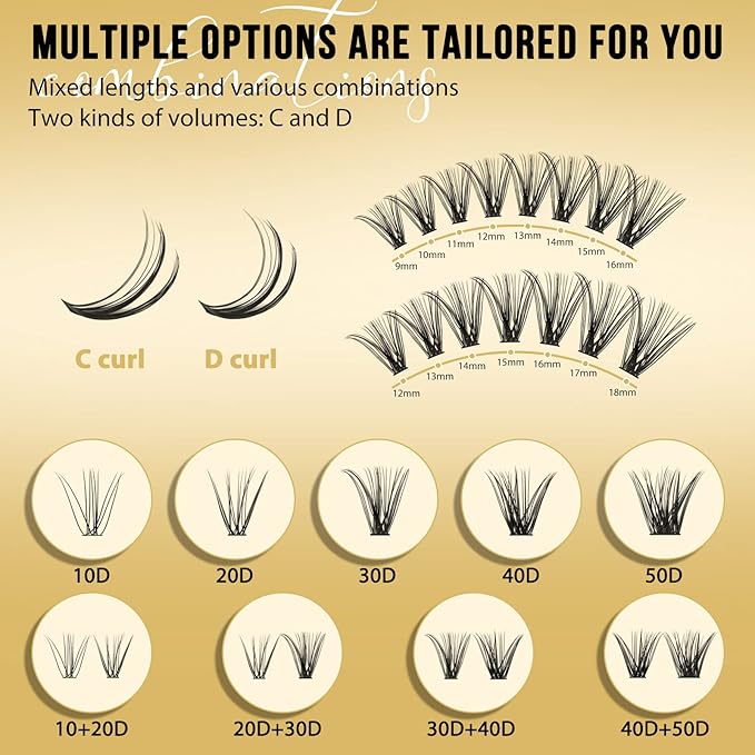 QUEWEL Lash Clusters 320Pcs Cluster Lashes 20D+30D C Curl Lash Cluster Eyelash Extensions Mix12-18mm Individual Eyelashes Clusters Wispy Lash Clusters Thin Band Soft to Use at Home(20D+30D C Mix12-18)