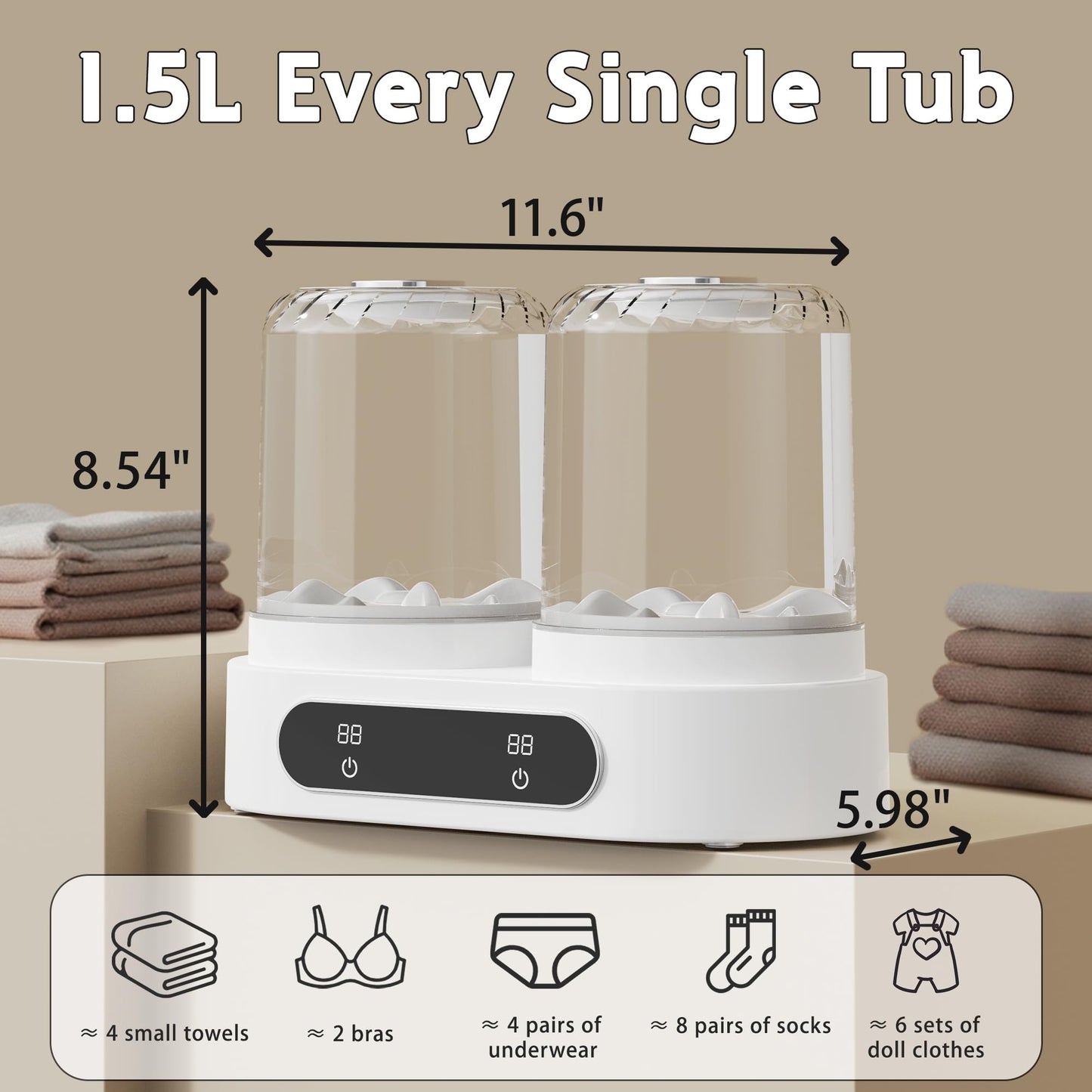 Double Tubs Portable Washing Machine, 3L Cordless Underwear Washing Machine, 2 Modes 3600mAh Portable Washer for Apartment, Dorm, RV, Hotel Use (White)
