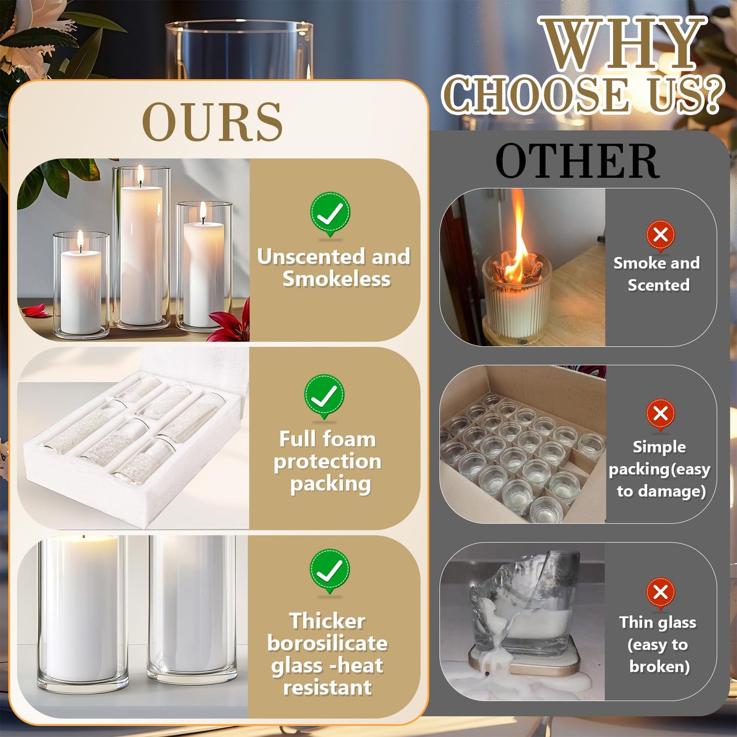 36 PCS Ivory White Pillar Candles with Glass Candle Holders Clear Hurricane Candle Holders Glass Cylinder Vases for Centerpieces Wedding Party, Event, Home Office (18 Candles+18 Candle Hoders)