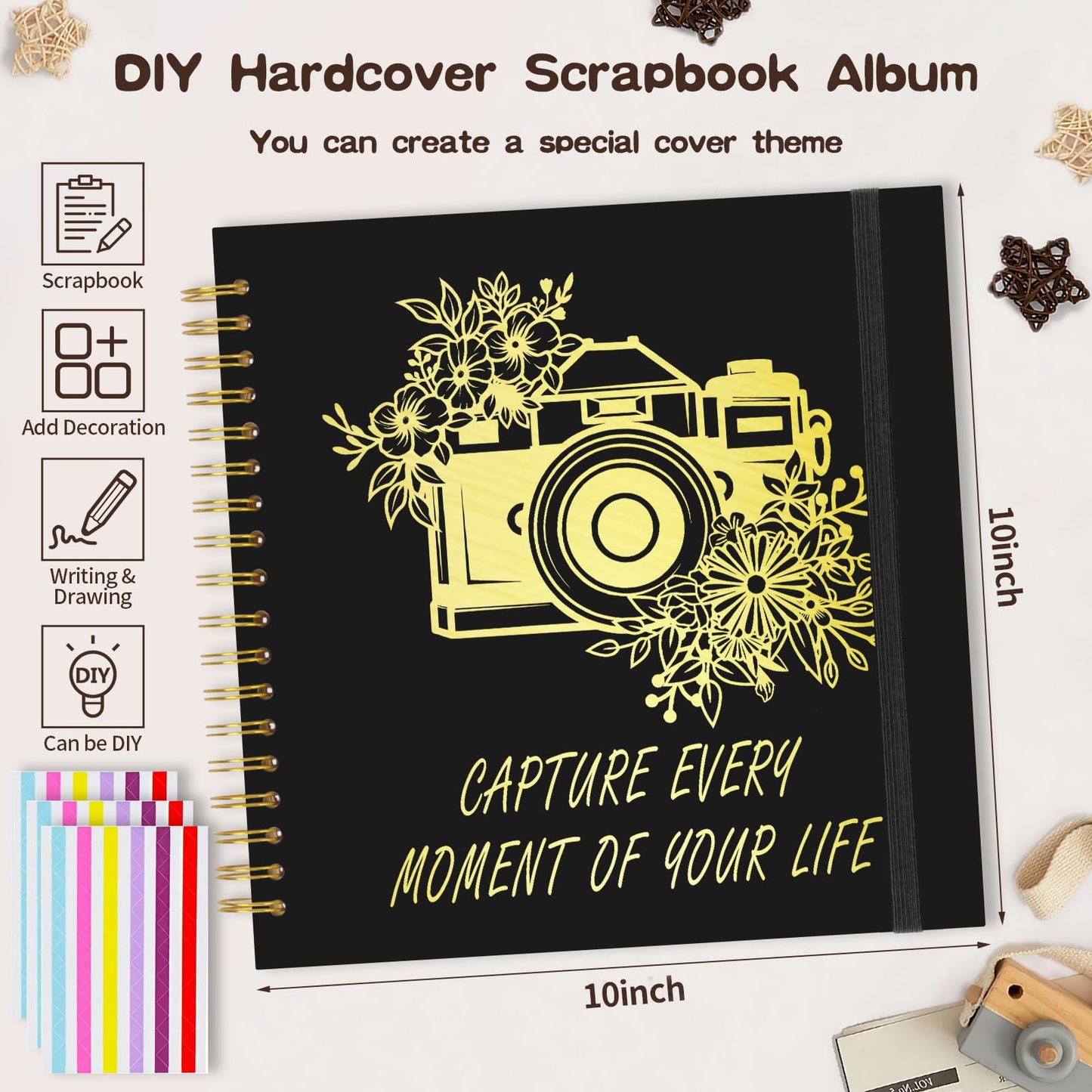 Scrapbook Album 10x10 inch, Travelling Journal Scrap Book Family Scrapbook Scrapbooking Supplies Kits Gift for Couples Anniversary Wedding (black, 10 x 10 inch)