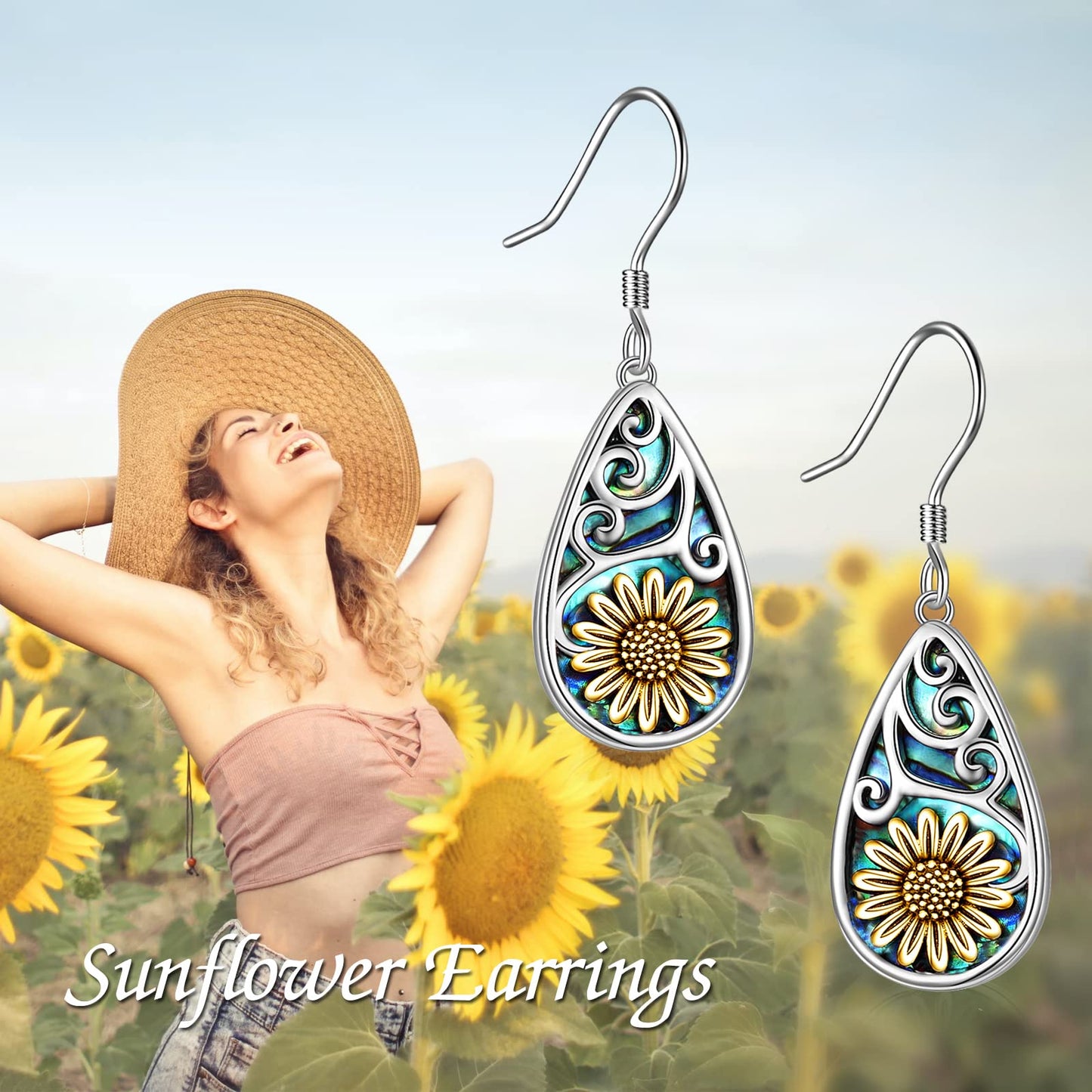POPLYKE Sunflower Earrings for Women 925 Sterling Silver Teardrop Abalone Earrings Dangle Sunflower Jewelry Gifts Birthday