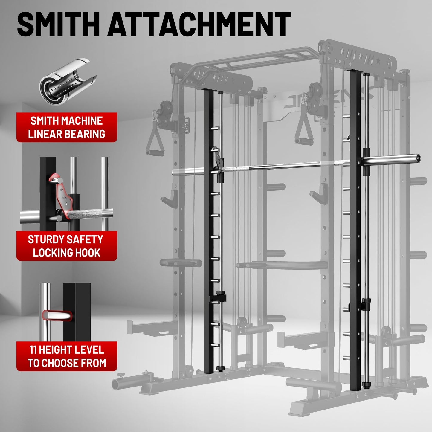 JELENS Smith Machine for Home Gym, Multi-Function M12 Power Cage, Squat Rack with Smith Bar and More Attachment (Black, 140LB Black Weights Package)