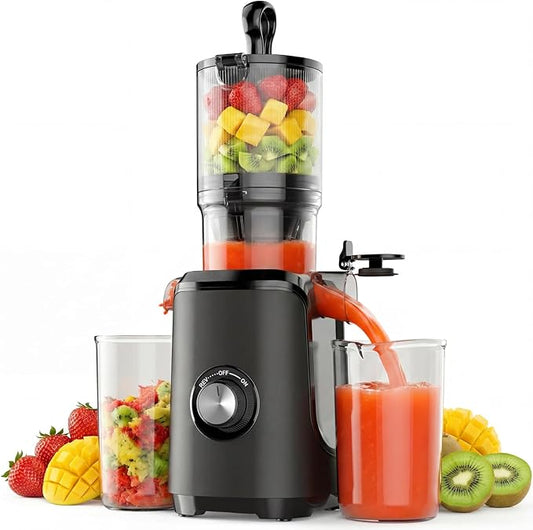 DUMOS Masticating Juicer Machines, Cold Press Juicer with 4.25" Wide Feed Chute, High Juice Yield for Whole Vegetables & Fruits, Easy to Clean, Black