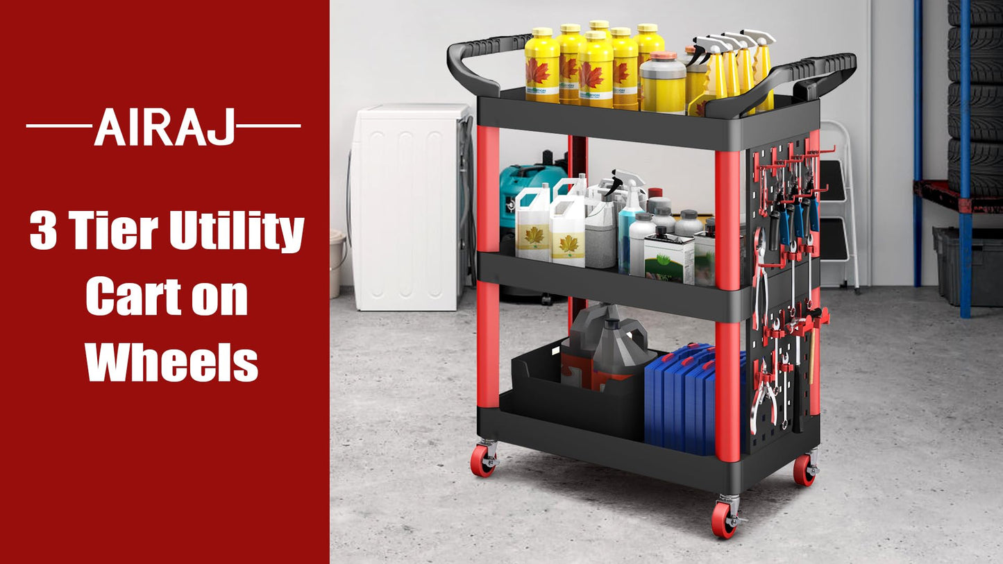 AIRAJ Rolling Utility Cart | 3-Tier Utility Cart on Wheels | Mechanic Rolling Tool Cart on Wheels | Detailing Carts | Work Carts for Garages,Warehouses,Repair Shops | with Pegboard | 440 Lbs