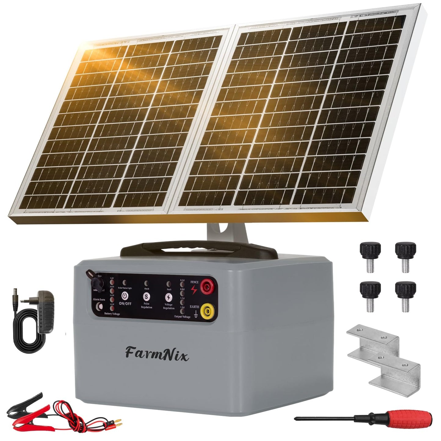 30 Miles/48km Solar Electric Fence Charger,15W Solar Powered Fencer with Adjustable 6KV to 12KV Output (0.3J-1.5J),Battery Level LCD Display,All-Weather Kit for Livestock,Deer,Farm,Yard