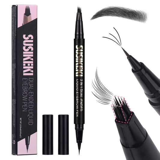 SUSIKEKI Dual Ended Microblading Eyebrow Pen - 2 in 1 Liquid Eyebrow Pencil with Brow-Fection Angled Brush & Precise Detail Brush-Tip, Shapes & Fills Natural Looking Brows, Lasts All-Day, Soft Black