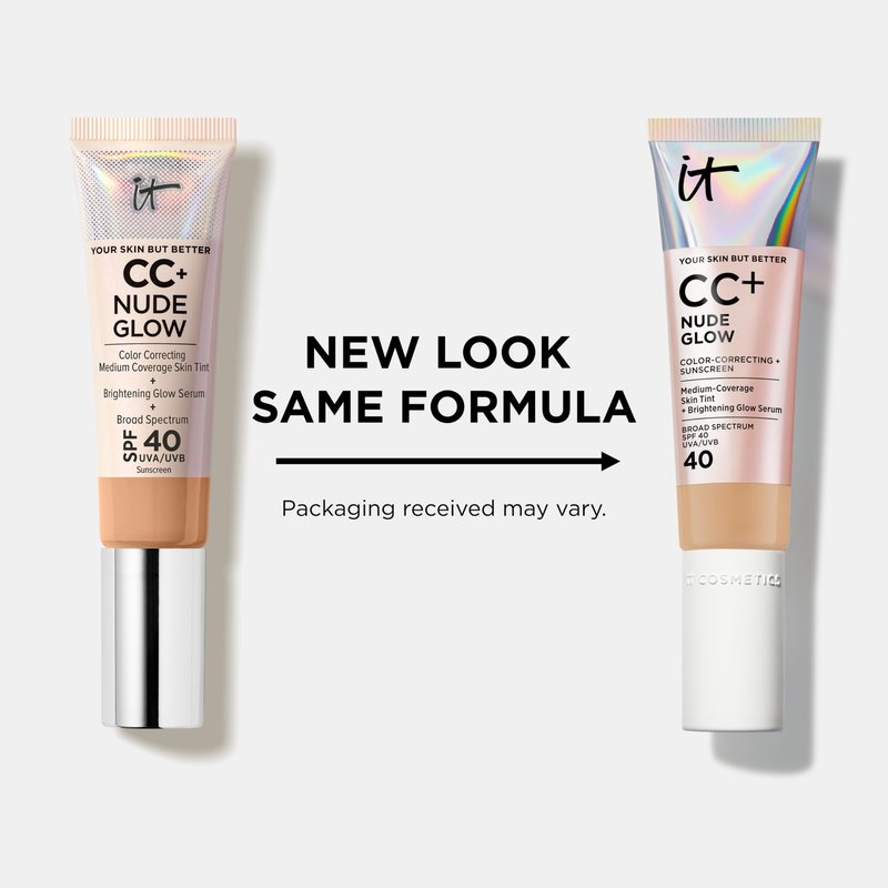 IT Cosmetics CC+ Nude Glow (Light Medium) - Medium Coverage Foundation with SPF 40 & Brightening Glow Serum, Lightweight Skin Tint, 2% Niacinamide + Hyaluronic Acid, Up to 24H Hydration - 1.08 fl oz