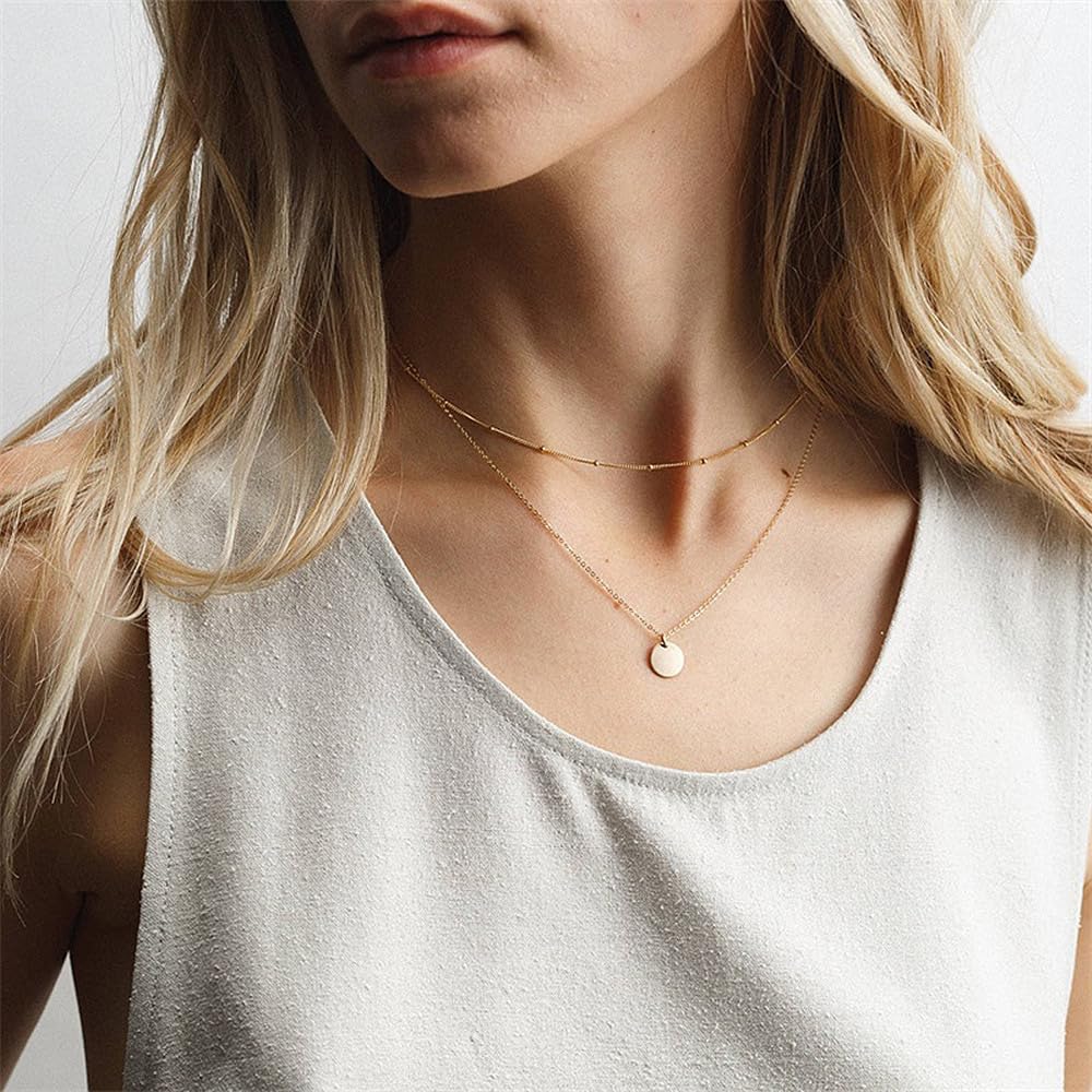 JELLYSEE Gold Necklaces for Women - 14K Gold Plated Layering Necklaces Trendy Circle Paperclip Chain Pendant Choker Necklace, Simple Diamond Cross Bow Jewelry Set Gifts for Women