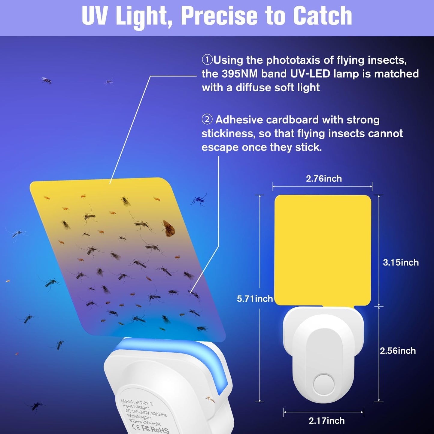 Pestvanish Flying Insect Trap Plug-in, Indoor Mosquito & Gnat Killer, Safe Non-Toxic UV Light Fly Catcher, Night Light Bug Trap with Sticky Pad for Flies, Gnats, Moths (2 Pack, Bright White)