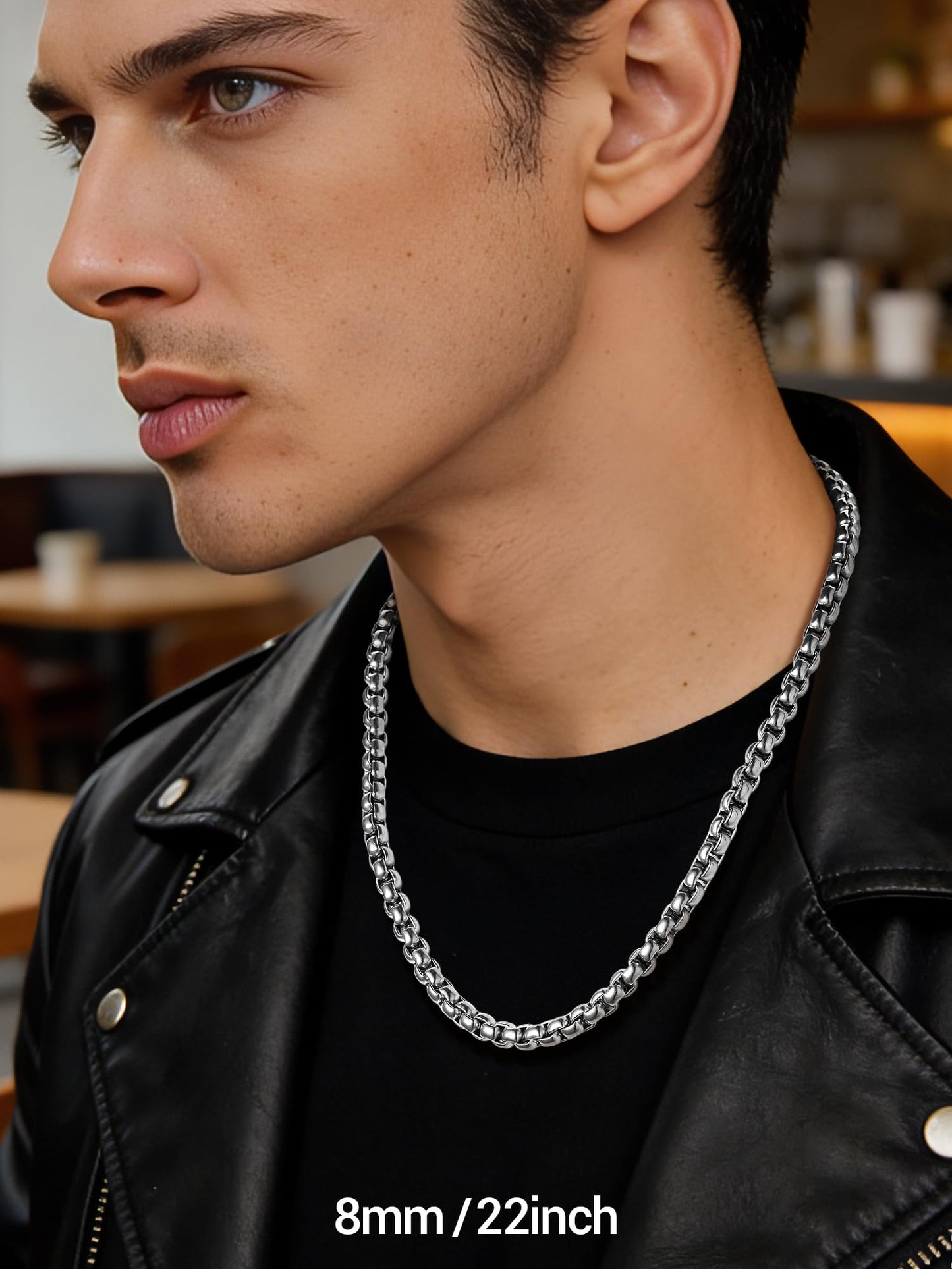 PROSTEEL Mens Chain Necklace, Squre Rolo Link Chains Chunky Stainless Steel Necklace 8mm Waterproof & Strong Lobster Clasp Mens Jewelry with Gift Box 20in