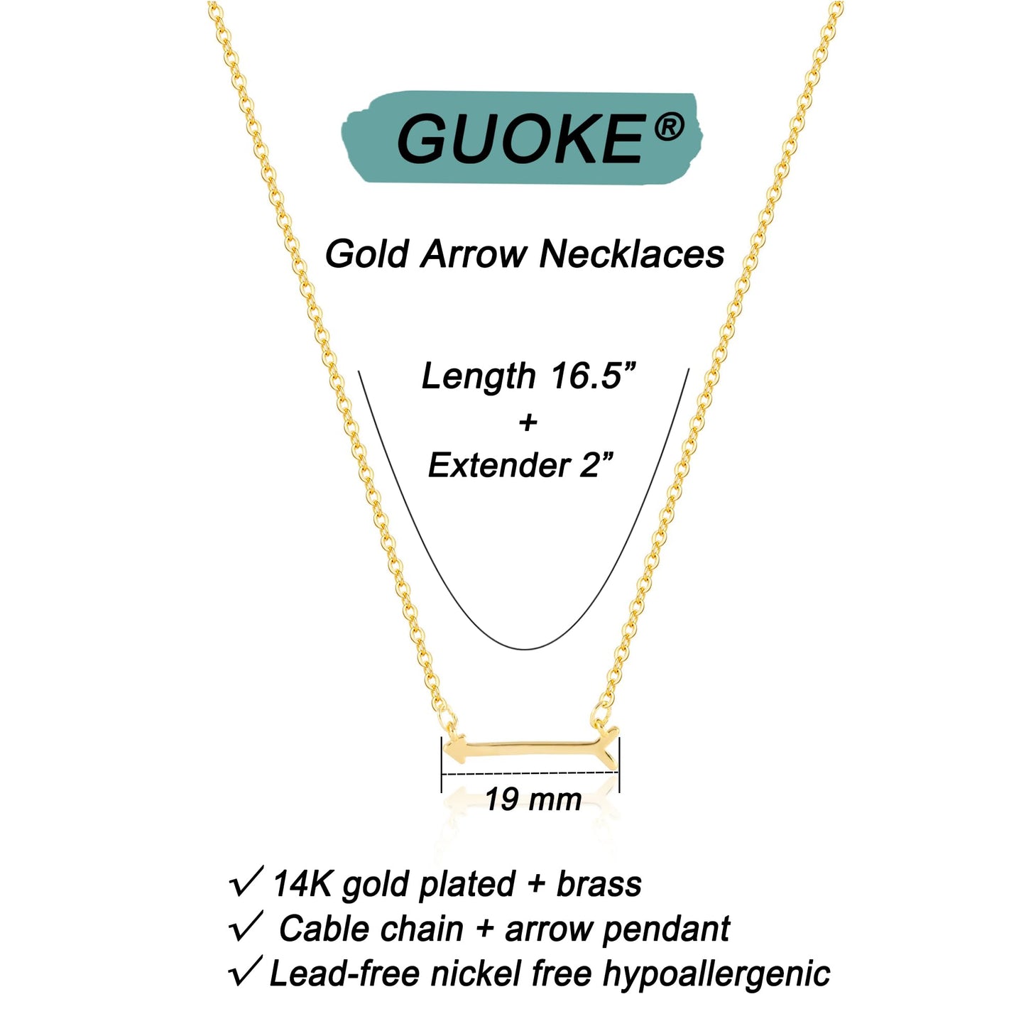 GUOKE Arrow Necklace - 14K Gold Plated Dainty Gold Necklace Simple Jewelry for Women
