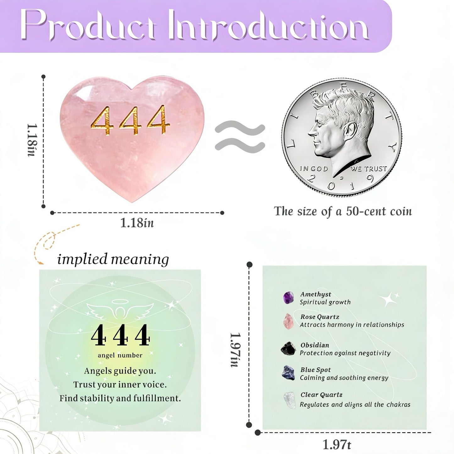 444 Angel Number Rose Quartz Heart Worry Stone - Spiritual Love Crystal Healing Pocket Rock for Women, Polished Heart Shaped Reiki Stone (Engraved 444)