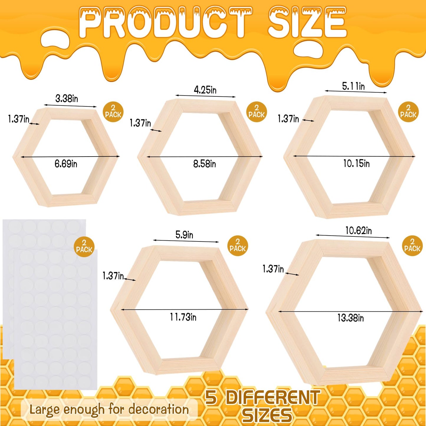 CIEOVO 10 Pcs Honey Comb Decorations, 5 Sizes Farmhouse Wood Hexagon Shelves Honeycomb Centerpiece Cupcake Stand Bee Hive Display Holder for DIY Birthday Wedding Baby Shower Honeybee Party Decor