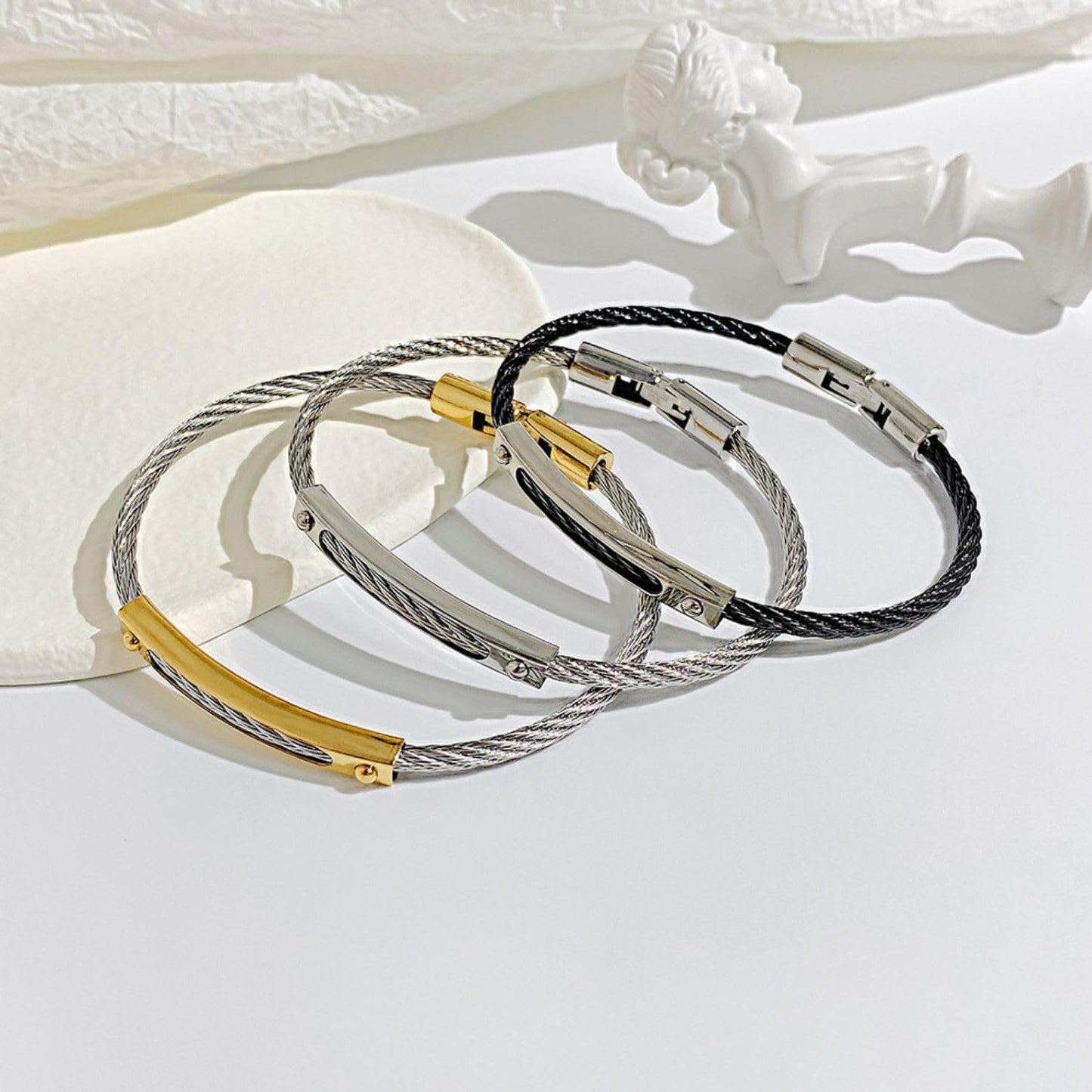 LXBQYSTO Cable Wire Twisted Cuff Bangle Bracelet For Women 14K Gold/rose/silver Stainless Steel Jewelry for Women Gift (Close-Silver&Gold)