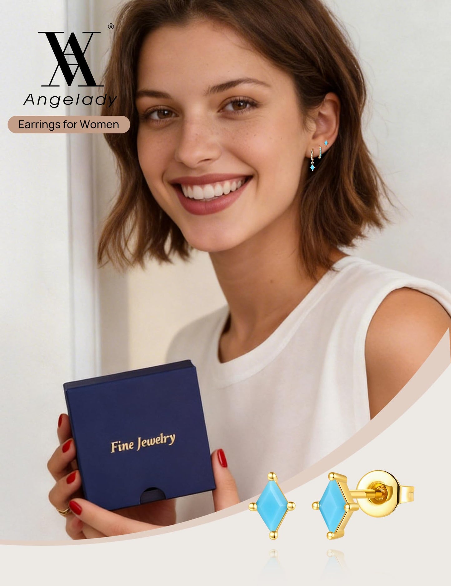 3 Pairs Gold Turquoise Earrings Set for Women, Dainty 14K Gold Plated Hypoallergenic Turquoise Dangle Hoop Earring, Trendy Small Gold Earring Stack, Western Earrings Jewelry Gifts