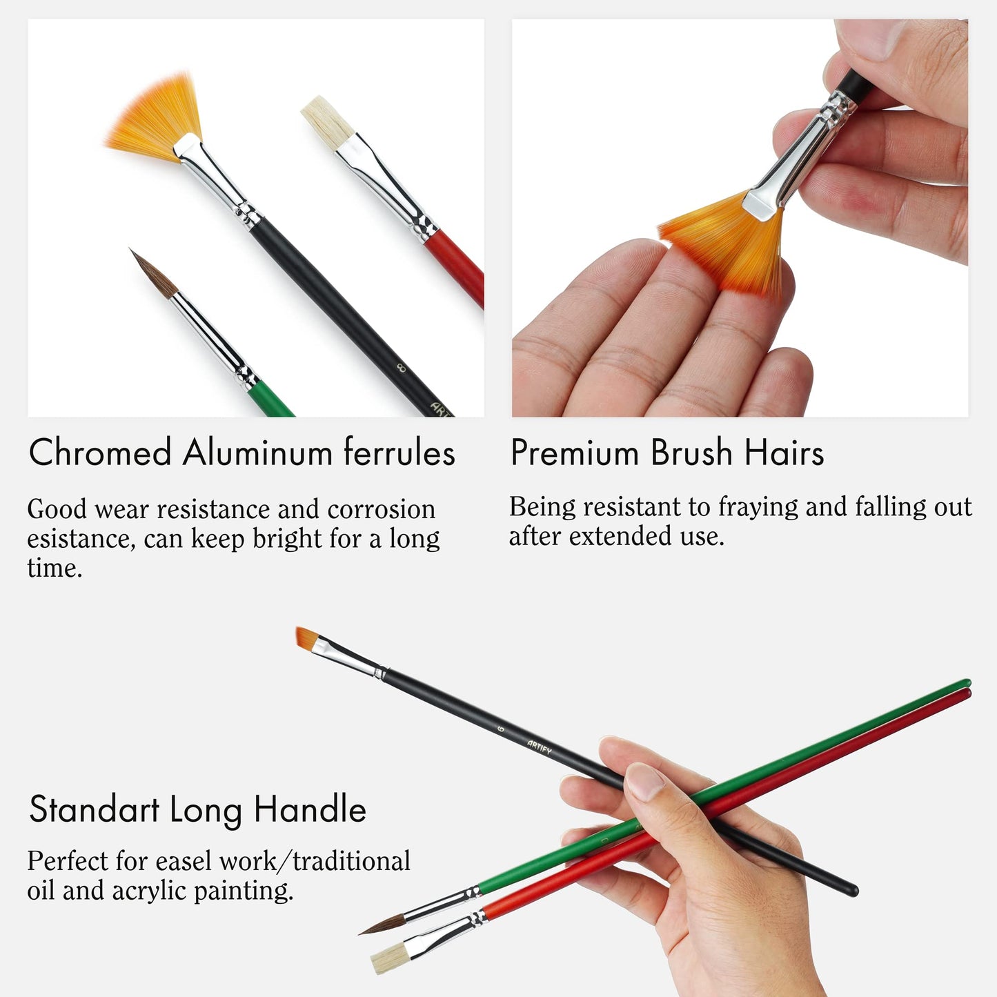 ARTIFY 41 Pieces Long Handle Paint Brushes, Expert Series, Hog Bristle, Horse Hair and Nylon Hairs Art Set Includes a Carrying Canvas Roll, for Acrylic, Oil, Watercolor and Gouache