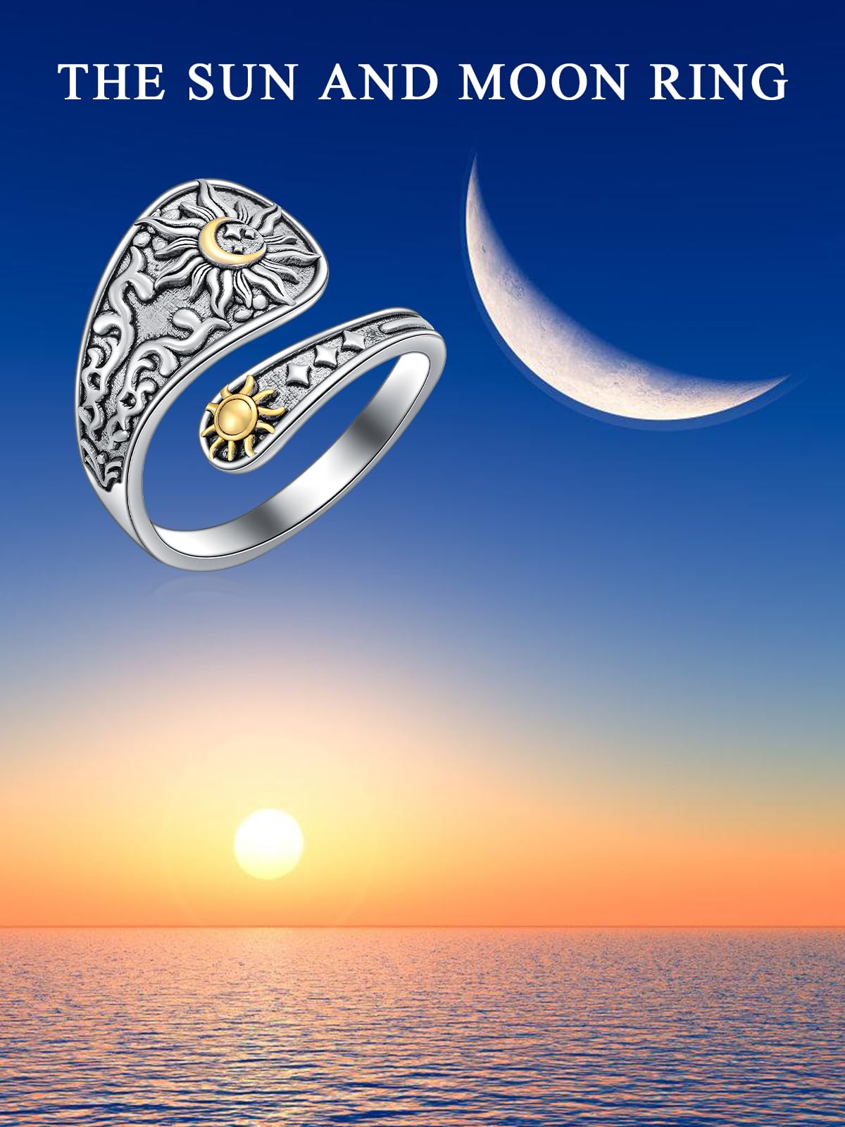 Midari Sun and Moon Stars Spoon Rings Sterling Silver Sun and Moon Ring for Women Adjustable Thumb Rings Vintage Finger Open Spoon Rings for Women Daughters(Customization)