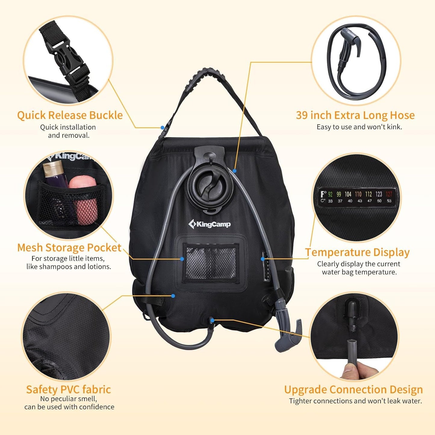 KingCamp Solar Shower Bag, Leak-Proof Design Camping Shower Bag with Thermometer, Removable Hose & Switchable Shower Head, 5 gallon/20L