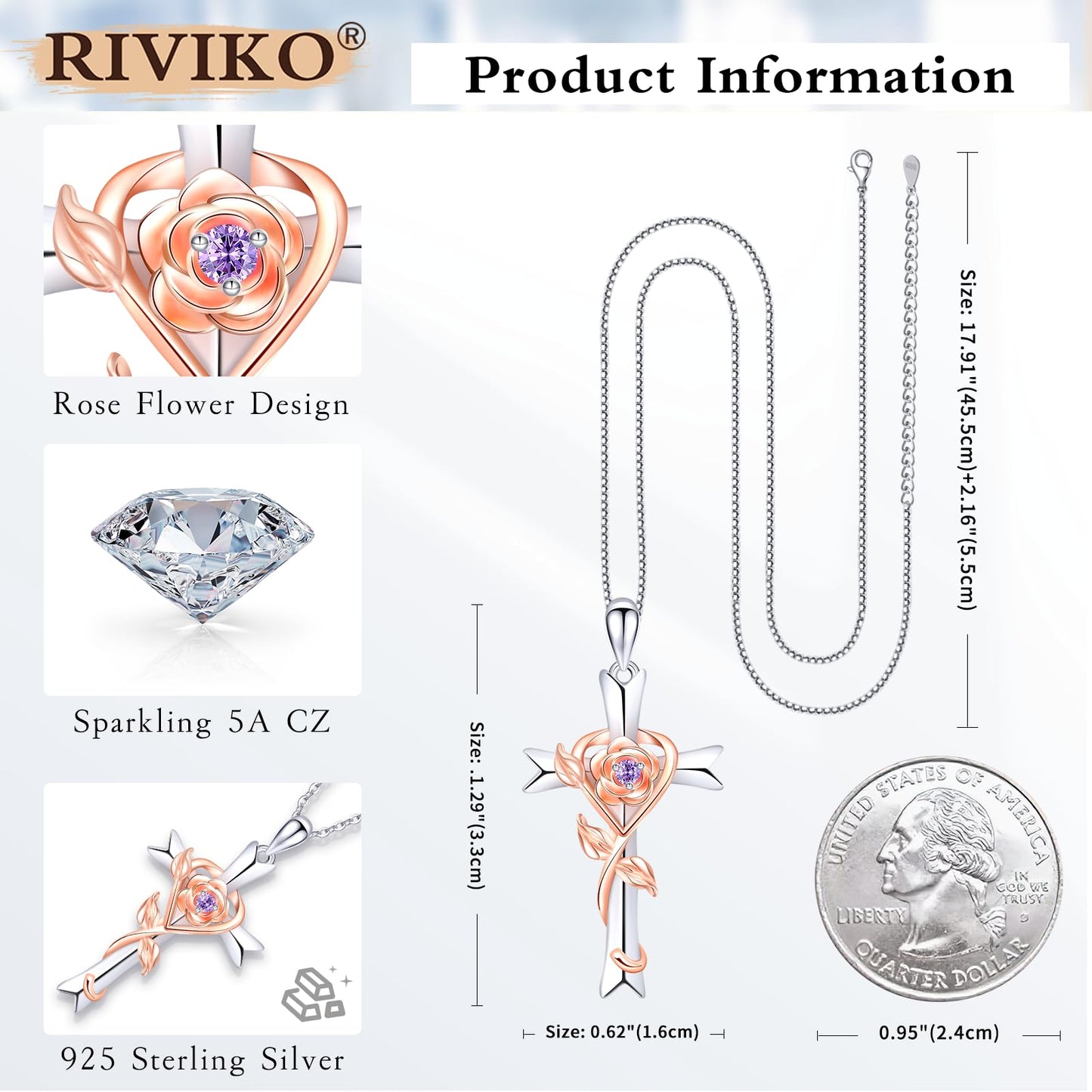 RIVIKO 925 Sterling Silver Cross Feb Birthstone Necklace for Women Cross Rose Pendant Necklaces Trendy Anniversary Jewelry Birthday Gift for Women Her Wife Girlfriends Daughter