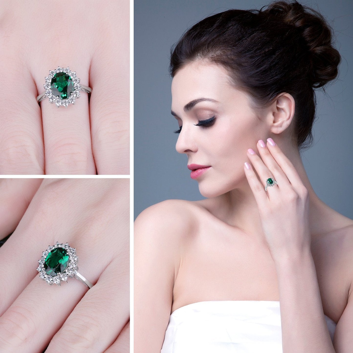 JewelryPalace Princess Diana Kate Middleton Gemstone Birthstone Green Emerald Halo Engagement Rings for Women, Anniversary 14K White Gold Plated 925 Sterling Silver Promise Rings for Her Size 10.5