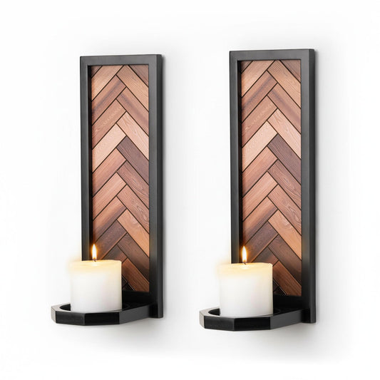 AimtoHome Herringbone Wood Candle Sconces, Set of 2 Wall-Mounted Pillar Candle Holders, Antique Classical Wooden Candleholder for Farmhouse, Living Room, Bedroom, Rustic Home Decor
