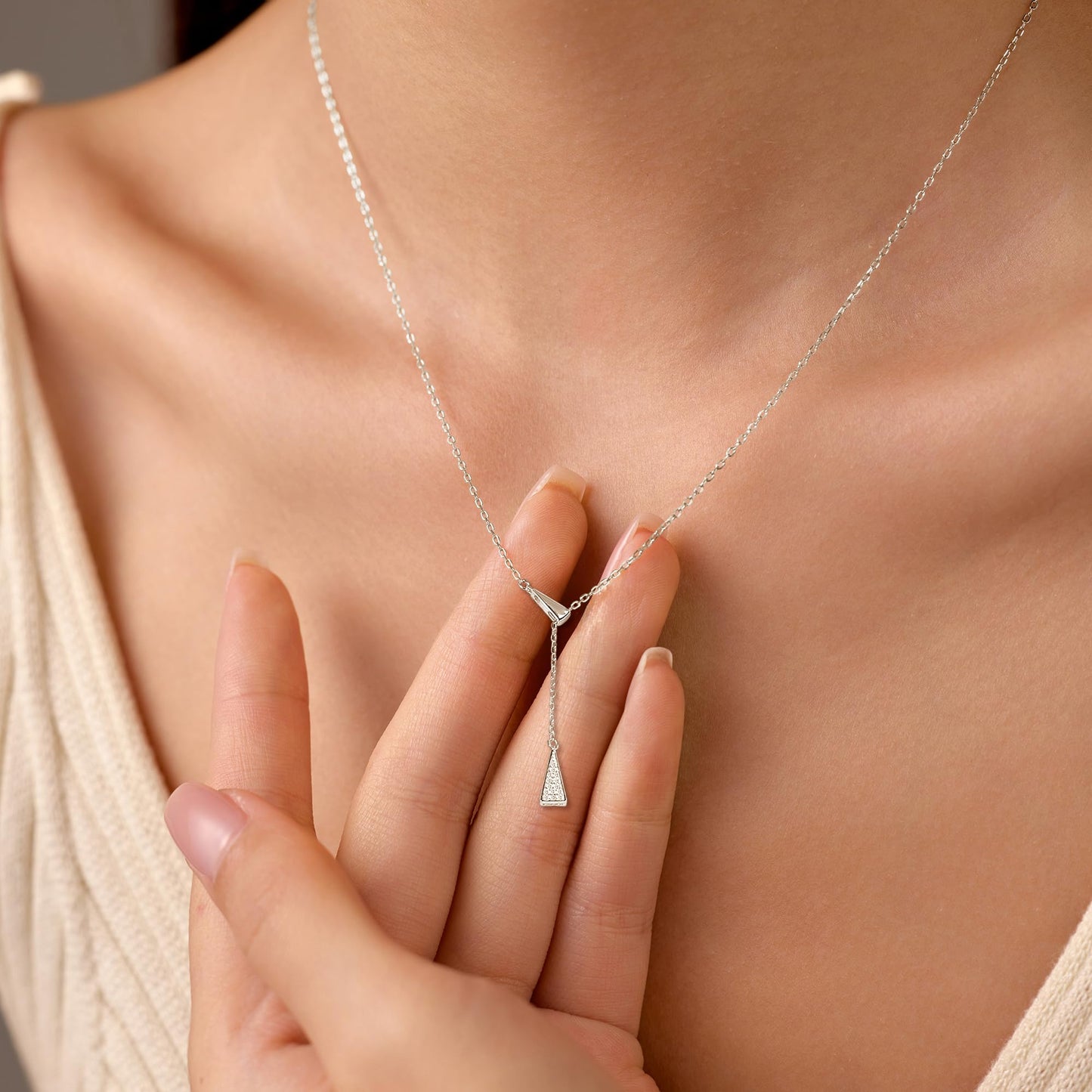 UTISUVIKO Triangle Necklace for Women, 925 Sterling Silver Dainty Geometric Shapes Necklace Triangle Cubic Zirconia Pendant Y shaped Drop Necklace Aesthetic Simple Mother's Day for Her