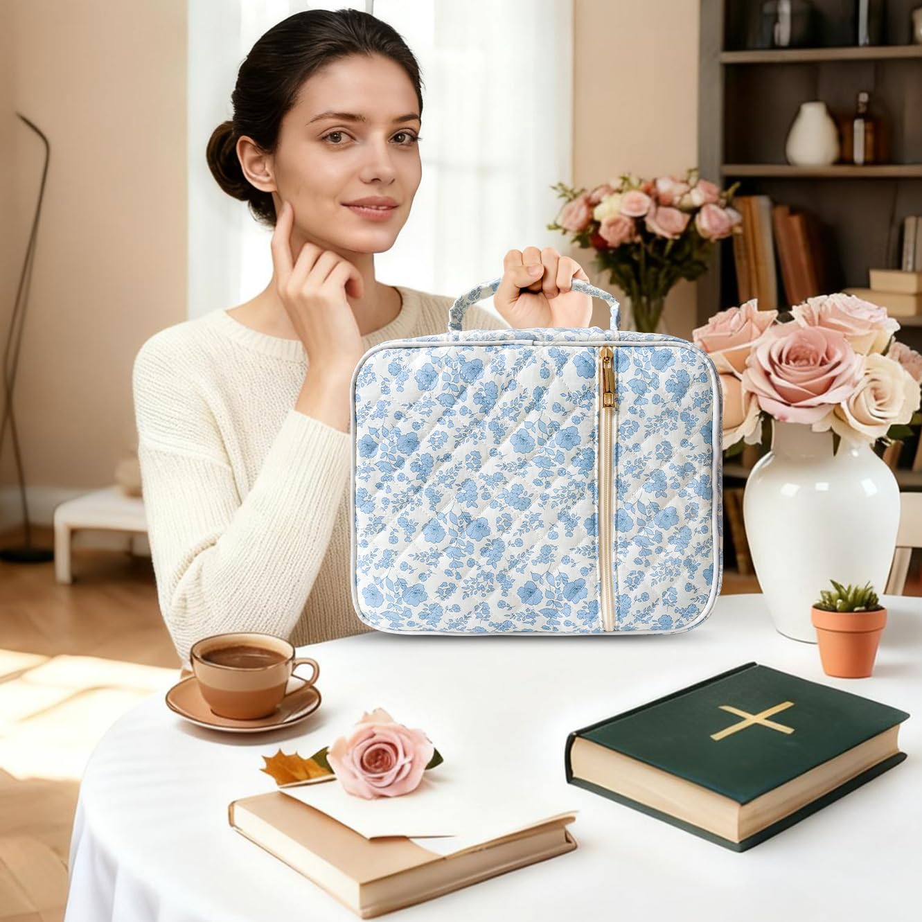 CasaRovela Bible Cover for Women, Large Quilted Case with Handle, Durable Bag and Carrying Case for Girls, Study Supplies Accessories, Christian Gift for Women (Blue Flower, Large)