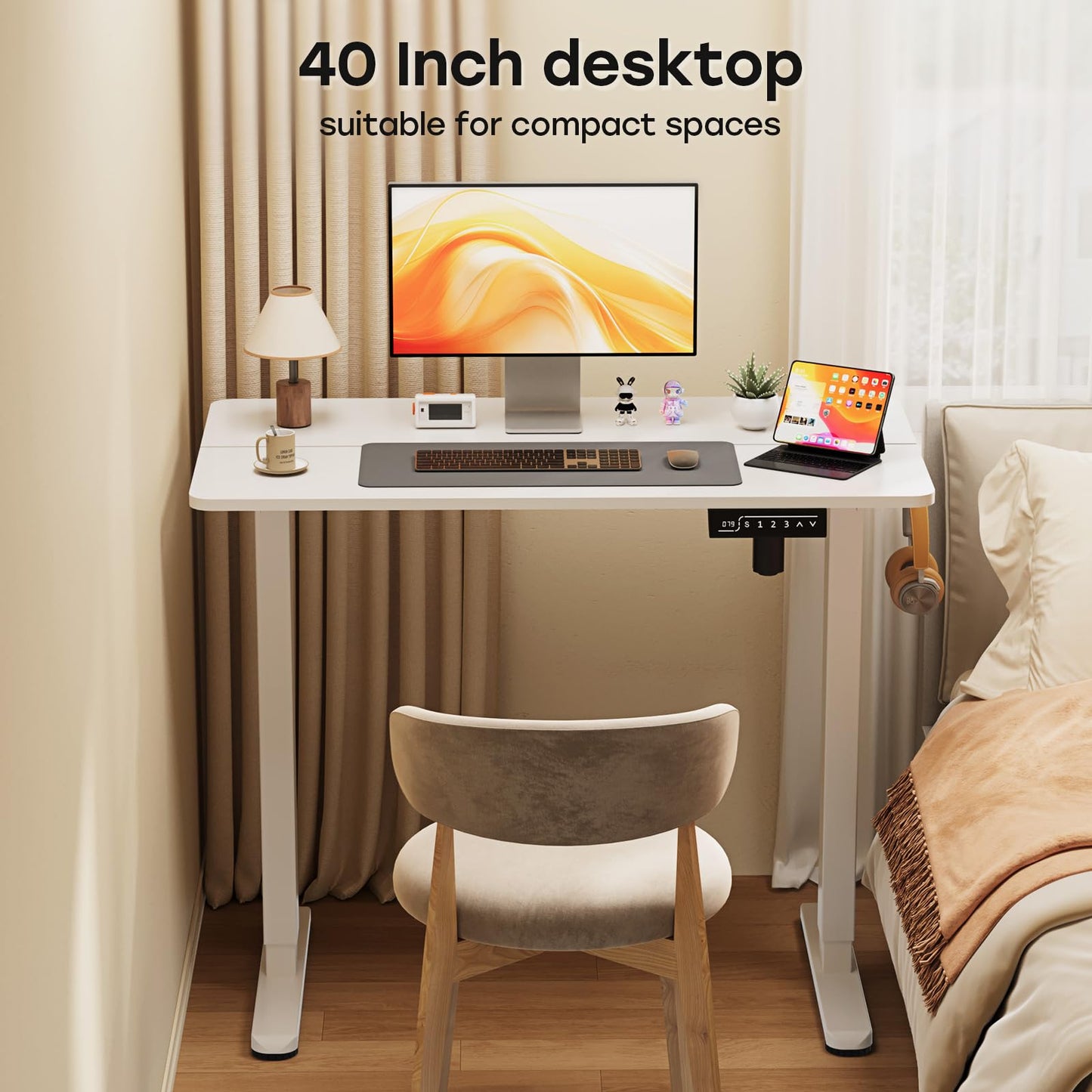 JYLH JOYSEEKER Small Standing Desk, 40" ×20" Electric White Standing Table, Height Adjustable Compact Sit Stand Desk with Splice Board, Home Office Table with 2 Hooks