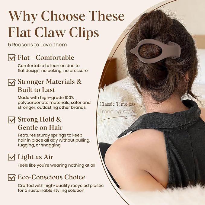 6 PCS Large Flat Hair Clips for Women Girls, French Concord Lay Down Flat Claw Clips for Thick Thin Hair, Comfortable Curved Hair Clip, Matte Non-slip Strong Hold Hair Accessories, Brown