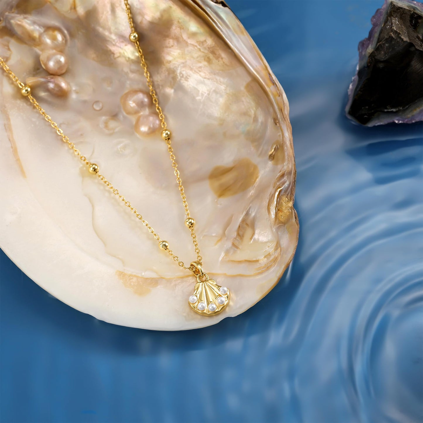 Picuzzy 14K Gold Plated Seashell Pendant Necklace for Women Trendy, Sea Shell Beach Necklace Ocean Coastal Tropical Nautical Vacation Summer Jewelry Pearl Accessories for Women