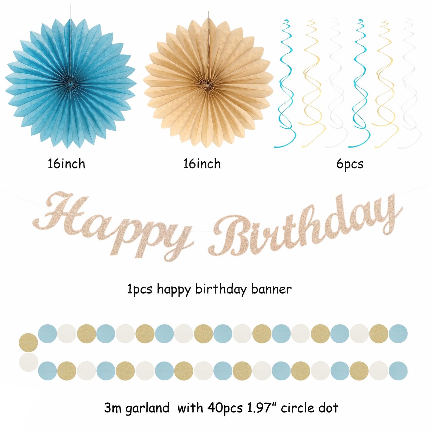 Light-Dusty Blue Beige-Champagne Women Birthday-Decorations - 21pcs Boho Neutral Happy Banner Garland,Paper Streamers Lanterns,Flower Tissue Pom Poms Fan Supplies,Wall Backdrop Party Decor Huglony