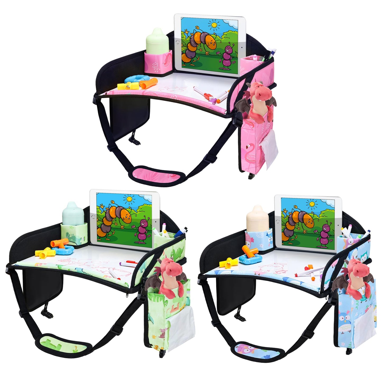 WENRENER Kids Travel Tray, 3PCS Car Seat Tray for kids Travel, Toddler Road Trip Essentials With Drawing Kit, Toddler Lap Desk Organizer for Car, Carseat Table for Airplane