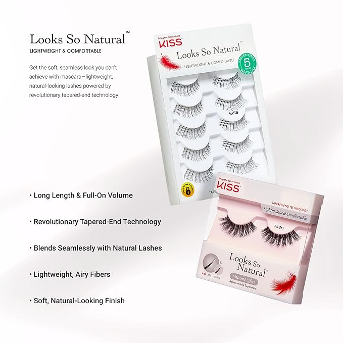 KISS Looks So Natural, False Eyelashes, 'Sultry', 12 mm, Includes 5 Pairs Of Lashes, Contact Lens Friendly, Easy to Apply, Reusable Strip Lashes, Glue-On (Pack of 2)