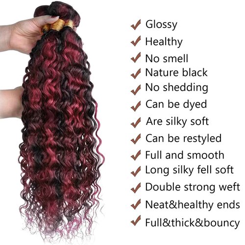 Fabimiya 24 26 28 inch Burgundy P1B/99J Deep Wave Human Hair Bundles Wine Red Human Hair Bundles Unprocessed Burgundy Soft Sewn In Hair with Double Weft for Black Women