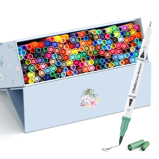 Ohuhu Markers for Adult Coloring Books No Bleeding 160 Colors Coloring Markers Water-based Dual Tips Fineliner & Brush Drawing Pens Art Pens for Kids Adults Sketch Journal - Maui - White