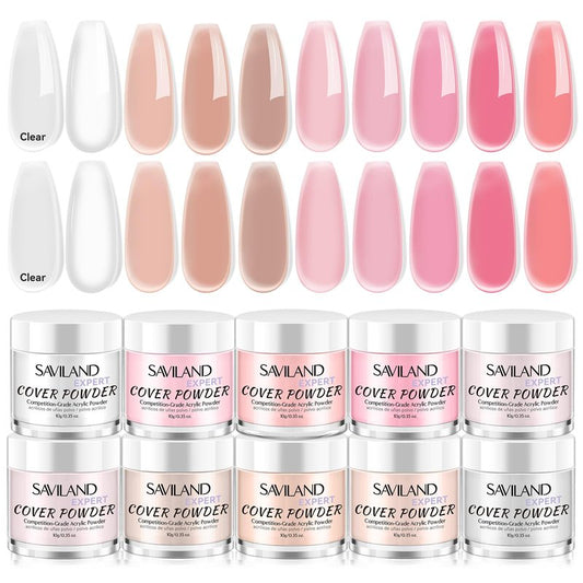 Saviland Acrylic Powder Set: Keratin Professional Acrylic Nail Powder Clear/Nudes/Pink Acrylic Ultra Fine Powder for Nail Extension 3D Nail Art Quick Dry Salon Quality Acrylic Nails 10G * 10