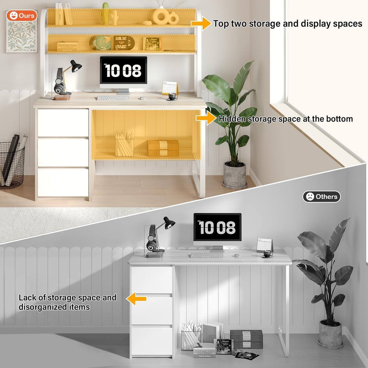 MaverickFurni Computer Desk with Hutch, 47 Inch Small Desk with 3 Drawers for Bedroom, Study Writing Desk with Shelves for Small Spaces, Adjustable Feet, White and Walnut